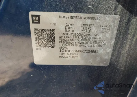 2019 Chevrolet Cruze Lt from USA, damaged, VIN 1G1BE5SMXK7124951